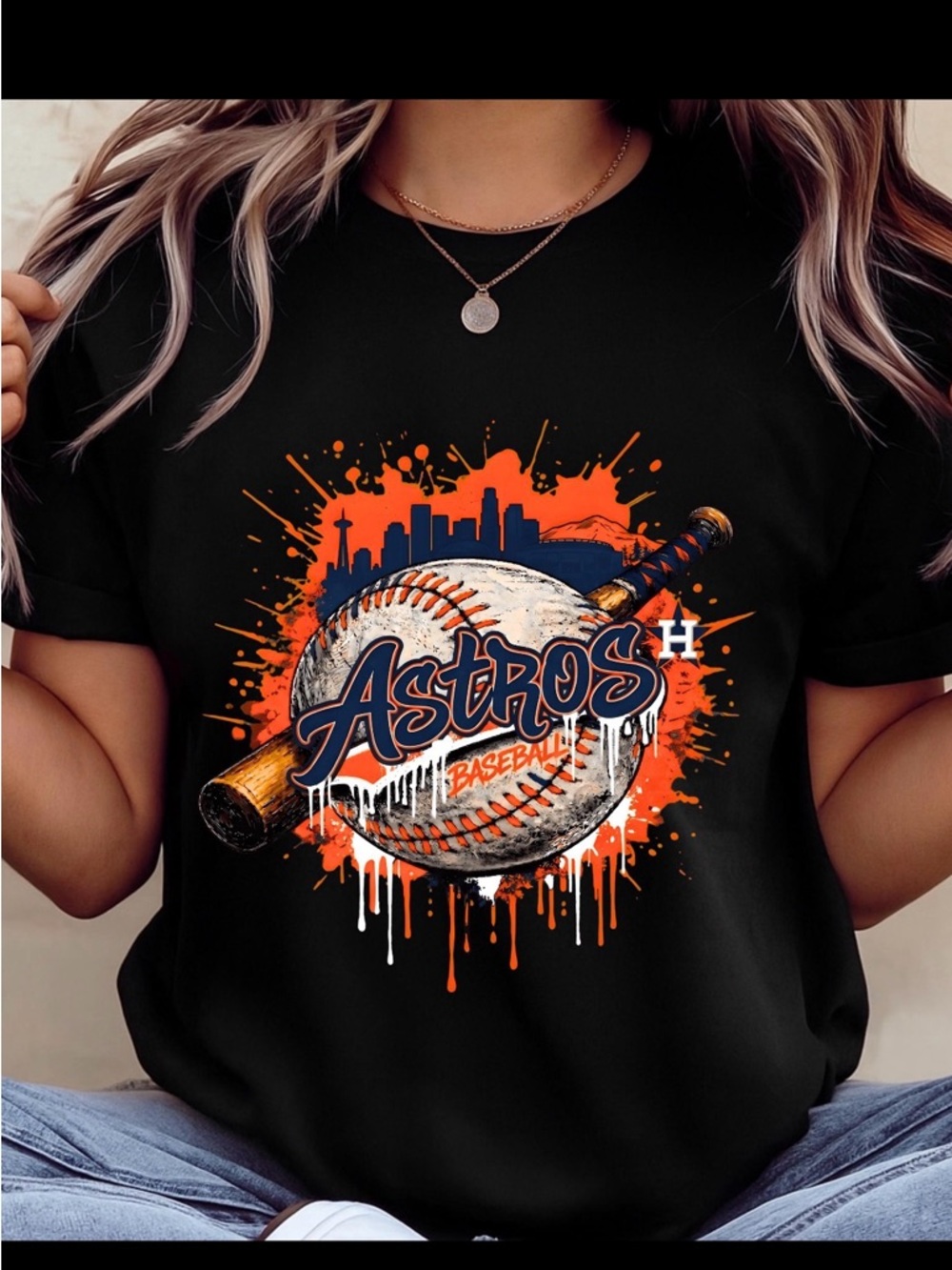 Gildan Black Tee with Orange and Blue Astros Graphic